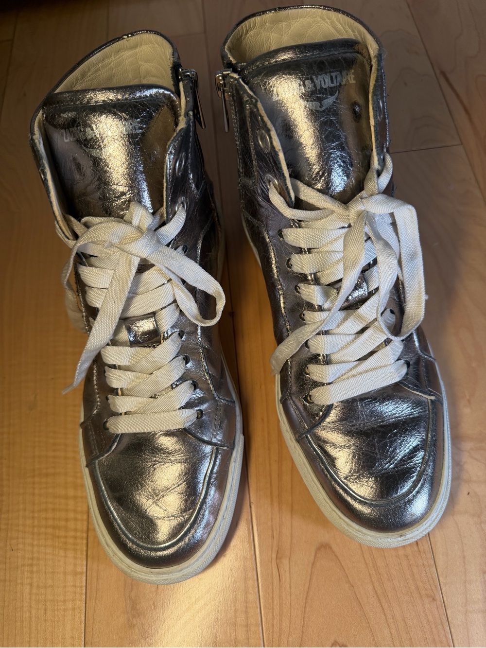 Zadig & Voltaire Metallic Silver Leather High Top Sneakers Size 40